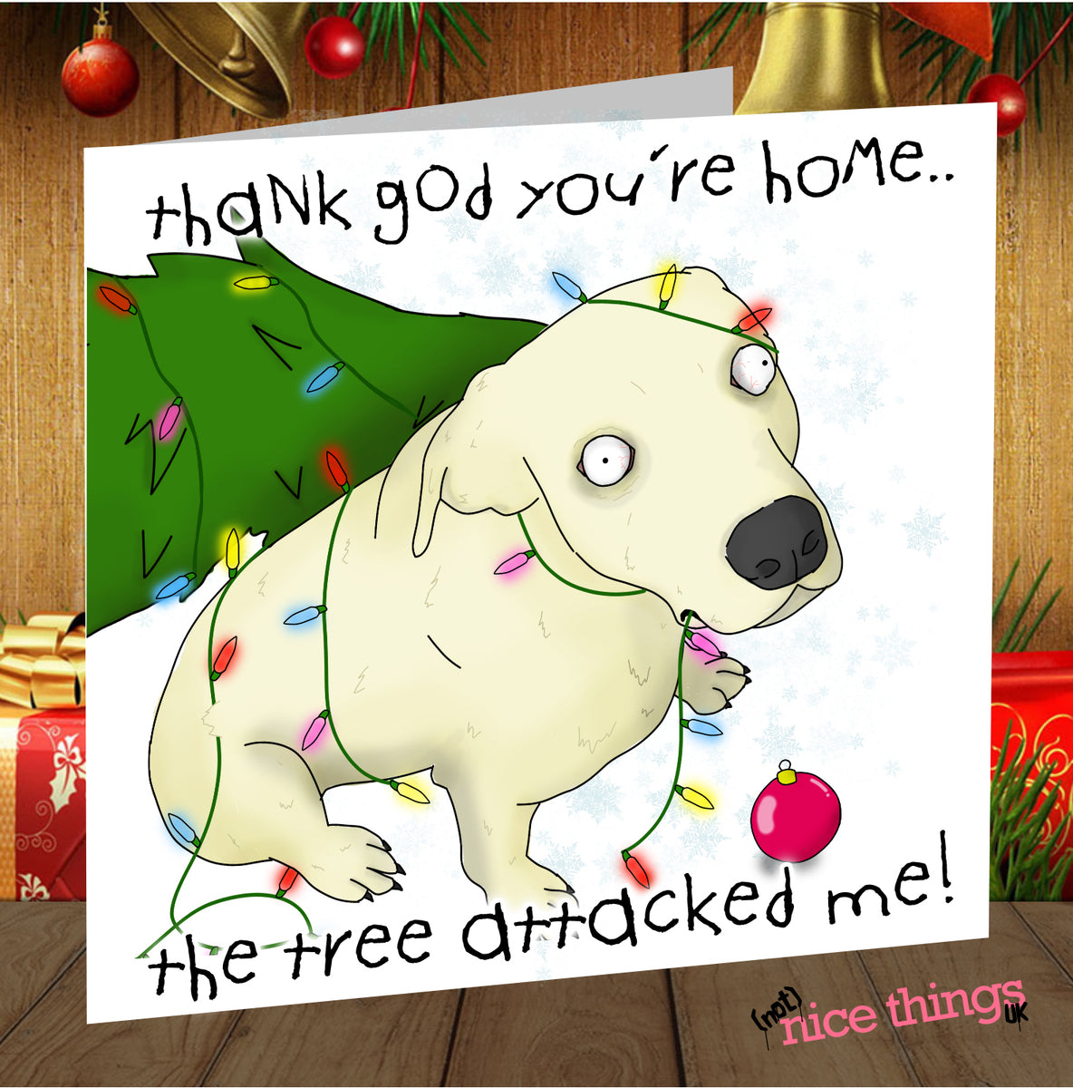 Close To The Bone Funny Cat Christmas Card – “Tree Attacked Me Again” For Friend