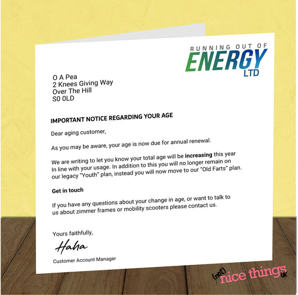 Funny Energy Prices Card, Funny birthday card, for Dad, For Mum, Old Age, rude card for men, funny dad card, for Him, Her 