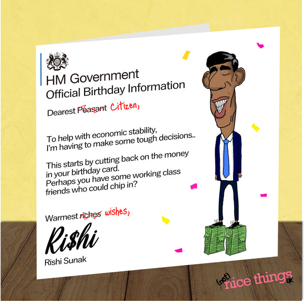 Rishi Sunak Funny Birthday Card, Funny Cards for Dad, Mum, 30th, 40th, 50th, for Him, Her, Political Birthday, Tories, Boris, UK